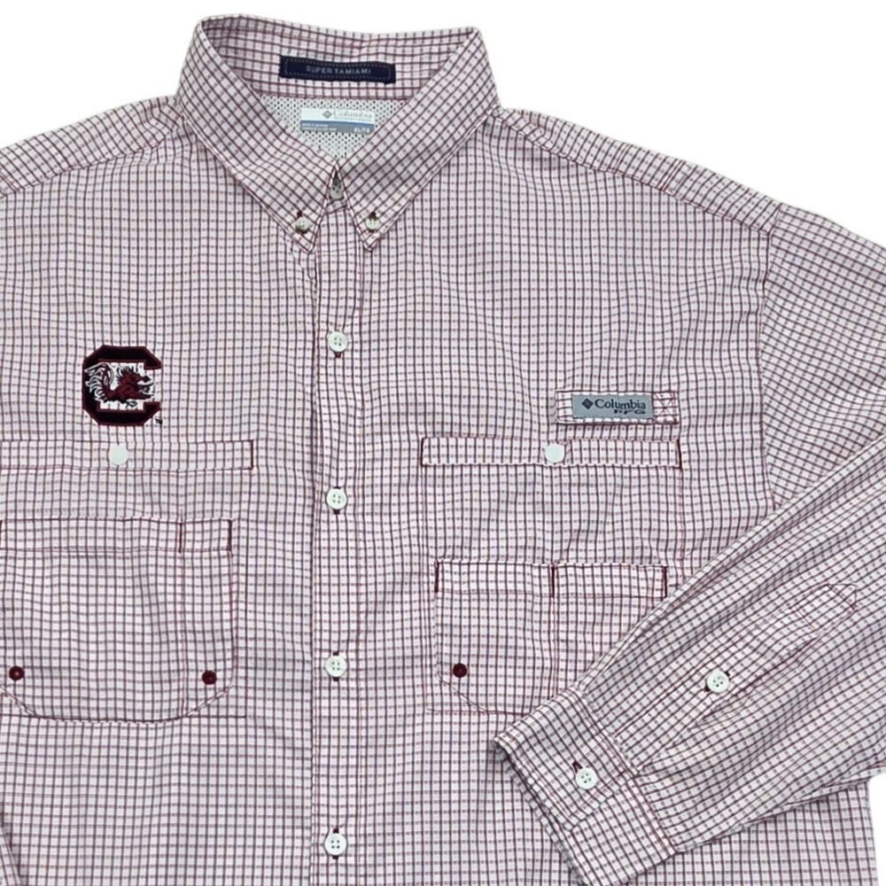 Columbia Super‎ Tamiami PFG L/S Shirt South Carolina Gamecocks Red Plaid Mens XL